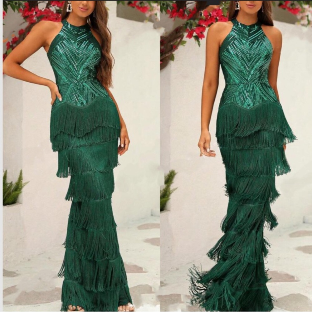 Luxe halter layered fringe sequins party formal wedding evening gown dress